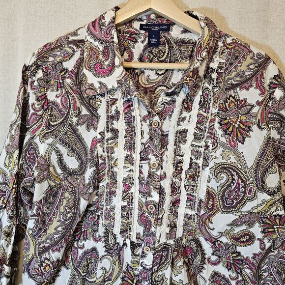 Bandolino Women's Button Up Paisley Pink Purple Tuxedo Bib Lace Detail 3/4 Large - Picture 2 of 10